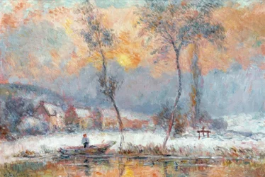 Soloppgang, gjennom snøen, på Chalou-Moulin-dammen