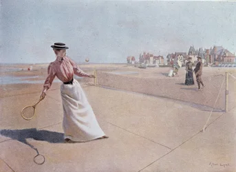 Amatørtenniskamp på stranden - tegning, 20. århundre