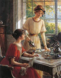 Detalj fra Women having tea, av Albert Lynch (1851-1912)