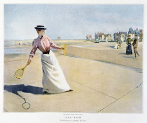 En del av en tenniskamp på en strand (Normandie?), illustrert av Albert Lynch