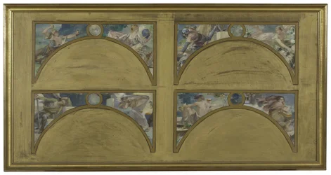 Skisse for Salon des Lettres i Paris rådhus: de store litterære verkene (La Chanson de Roland, Le Misanthrope, Eviradnus, Mimi Pinson, Le Cid, Phèdre, Pantagruel, La Cigale), ca. 1890 (olje på svart blekk på lerret)