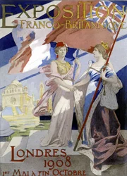 To kvinner, symbol på Frankrike og England, håndhilser. Plakat av Albert Maignan (1908) for den fransk-britiske utstillingen i London i 1908.