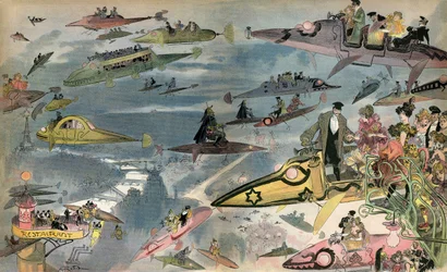 Forventning: utgivelsen av Paris-operaen i 2000, sett av designeren Albert Robida i 1900. Parisere sirkulerer gjennom alle slags luftfarkoster.