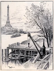 Begynnelsen av byggearbeidene på den arkitektoniske rekonstruksjonen av gamle Paris fra middelalderen, ved bredden av Seinen, for verdensutstillingen i 1900