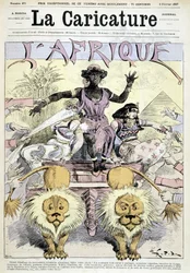 Karikatur om kolonialisme i Afrika: «Stor utpakking av afrikanske koloniale nyheter, velg selv! Et helt kontinent å dele, skiver av Kongo, biter av Guinea» av Robida - i «La Caricature» fra 05/02/1887
