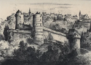 Chateau de Fougeres - slottsfort i departementet Ille-et-Vilaine. Gamle Frankrike - Bretagne - tekst, tegninger og litografier, av Albert Robida (1848-1926) udatert slutten av 1800-tallet