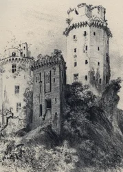Festningen Largoet (tårnene i Elven) - Gamle Frankrike - Bretagne - tekst, tegninger og litografier, av Albert Robida (1848-1926) udatert sent på 1800-tallet