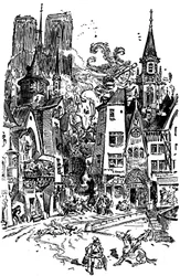 Kjempen Gargantua går gjennom Paris og sår panikk og ødeleggelse i veien hans. Han lærer å spytte på katedralen Notre Dame de Paris, hvis tårn i bakgrunnen er utmerkede. Med dette spyttet vil mer enn 3000 parisere drukne! Illustrasjon