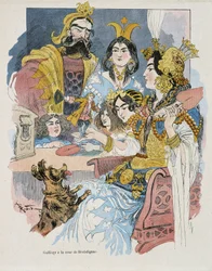 Gulliver ved Brobdignac Court - i "" Gulliver Voyages"" av Swift, ill. av Robida