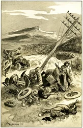 Illustrasjon av Albert Robida (1848-1926) for Leon Berthaults bok quot;quot; Le record du tour du monde quot;quot;, Mame-utgaven fra 1900-tallet (1911) - en trafikkulykke rundt 1900: bil som traff en telegrafisk linjestolpe. Kaster ut passasjerer er skadet