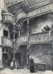 Interiør i et hus i Morlaix - Gamle Frankrike - Bretagne - tekst, tegninger og litografier, av Albert Robida (1848-1926) udatert slutten av 1800-tallet