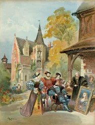 Kong Frans I (1494-1547) kjøper Mona Lisa av Leonardo da Vinci (1452-1519), nær det kongelige slottet i Amboise, mellom 1516 og 1519. Illustrasjon