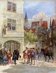 Litteratur. Boktrykkeren Robert Estienne tar imot kong Francois 1er i hans trykkeri, Paris. Illustrasjon av A. Robida i: Francois 1er, av A. Todouze, Frankrike