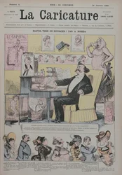 Mord eller skilsmisse, omslag til «La Caricature» som fremstiller Alexandre Dumas fils (1824-95) som «ekspert» på ekteskapelige dramaer, 1. januar 1880