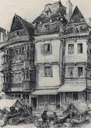 Place du marche i Lannion - Gamle Frankrike - Bretagne - tekst, tegninger og litografier, av Albert Robida (1848-1926) udatert slutten av 1800-tallet
