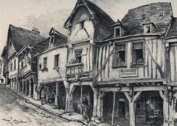Rue Poterie a Fougeres i departementet Ille-et-Vilaine - Gamle Frankrike - La Bretagne - tekst, tegninger og litografier, av Albert Robida (1848-1926)