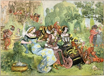 Scene av "Gargantua", illustrasjon av Robida for de komplette verkene av Francois Rabelais utgitt av Librairie Illustree, 1885