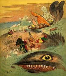 Sindbad sjømannen (Sinbad) - fortelling om de tusen og én natt (1001) - bok fra 1948 som forteller sine eventyr (Fortin-utgaven, Wonderful Imaging of childhood collection) - illustrasjon av Albert Robida (1848 - 1926): Sindbad og hans følgesvenner har misl