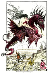 Succubus: kvinnelig demon (kvinne - hunkjønn) som rir på en drage - illustrasjon av Albert Robida til Honoré de Balzacs «Skjemtefortellinger» - begynnelsen av 1900-tallet