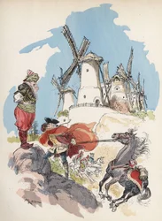 Baronen de Munchausen som nettopp krysset den egyptiske grensen er fanget i en storm provosert av en stor skikkelse for å få de 7 fabrikkene til å kjøre. "" Illustrasjon av Albert Robida - i "" History and Adventures of the Baron de Munchausen"" (Munchhaus