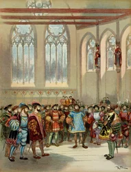 Burgund heraut, sendt av Charles V (1500-1558), ble mottatt av Francois I (1494-1547) i den store salen til Parliamentarom i Paris, første halvdel av 1500-tallet. Illustrasjon