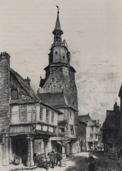 Klokketårnet i Dinan - Gamle Frankrike - Bretagne - tekst, tegninger og litografier, av Albert Robida (1848-1926) udatert sent på 1800-tallet
