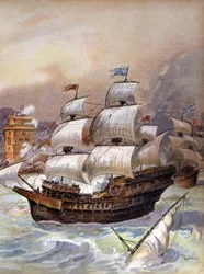 Flåten til Jean Ango blokkerer Tejo og truer Lisboa, ca. 1909 (illustrasjon)