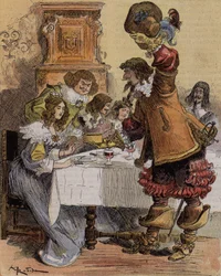 Kaptein Bellormeaus sjenanse - "" Her er en utmerket dessert, sier kaptein Hurtebise"". Karakter fra Albert Robidas bok. Omslag "" Den lille franskmannen illustrert"" av 03.03.1900.