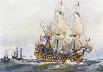 Førsteklasses fransk skip på Colberts tid (1600-tallet), akvarell av Albert Sebille (1874–1953)