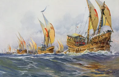 Franske skip fra Saint-Louis under det åttende korstoget i 1268 (fargelitografi)