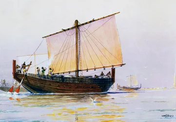 Fønikisk handelsskip ankommer Faros, akvarell av Albert Sebille (1874–1953), 1900-tallet