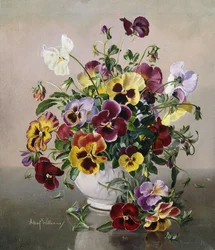 Et stilleben med stemorsblomster