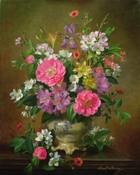 Blomster, iris og peoner i en keramikkvase (A31)