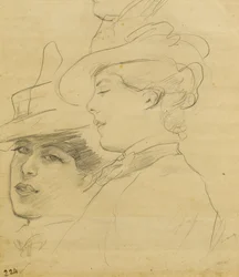 Hodet til en kvinne iført en dekorert hatt, profil og trekvart visning, ca. 1900 (blyant på lysebrunt papir)
