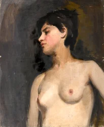 Kvinne semi-naken. svart bakgrunn. Cirka 1880