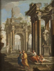 Pilegrimer ved siden av klassiske bygninger, ca. 1710