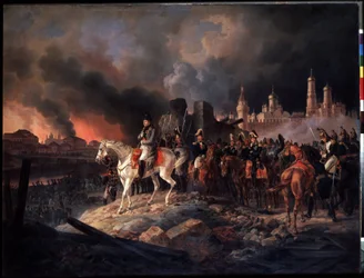 «Brannen i Moskva den 15/09/1812». Byens guvernør, grev Rostoptsjin, lar byen sette i brann idet Napoleon Is tropper ankommer. Keiser Napoleon I (1769-1821) foran det brennende Moskva, med Kreml til høyre.