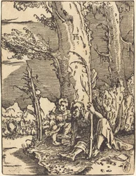 Saint Christopher sitter ved en elvebredd