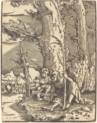 Saint Christopher sitter ved en elvebredd