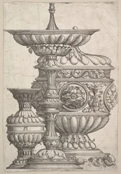 Tre elegante fartøy på hvit bakgrunn, ca. 1525.