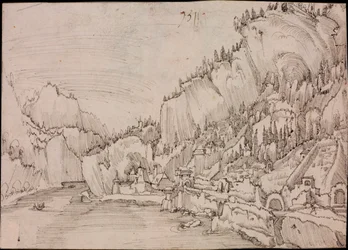 Utsikt over Sarmingstein ved Donau (Østerrike) - Tegning av Albrecht Altdorfer (ca. 1480-1538)