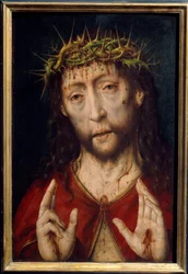 Smertens Kristus. Kristi ansikt med blødende sår fra tornekransen og stigmata i håndflatene. Maleri av Albrecht Bouts (ca. 1455-1549), Ec. Hol.