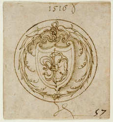 Design for en ornament eller signetring med Lazarus Spenglers våpenskjold