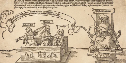 Rettferdighet, sannhet og fornuft i aksjene med den sittende dommeren og sovende fromhet, sannsynligvis 1526.