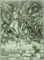 Apokalypsen (latinsk utgave): Sankt Mikael beseirer dragen (Bartsch 72)