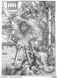 Scene fra apokalypsen, St. John fortærer boken, latinsk utgave, 1511 (tresnitt) (bw-foto)