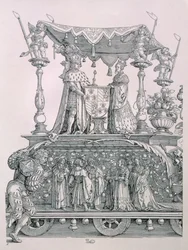 Det burgundiske ekteskapet eller triumftoget til keiser Maximilian I av Tyskland (1459-1519) som viser bryllupsvognen til Maximilian og Maria av Burgund (1458-82), pub. 1526 (detalj