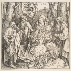 Den hellige familie med hellige og to musikalske engler, 1511.