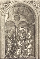 Den hellige familie med to engler i en hvelvet sal, ca. 1504.