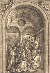 Den hellige familie med to engler i en hvelvet sal, ca. 1504.